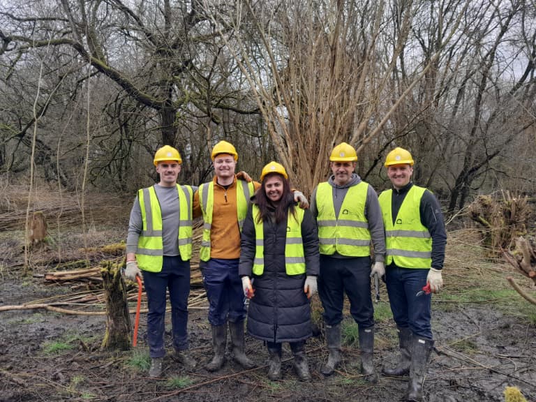 4 men and 1 woman taking part in woodland management in high vis and hard hats