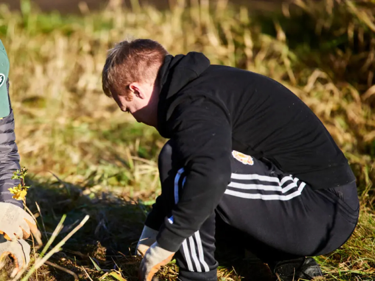 Man crouched down working hard at planting a tree