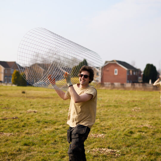 Team carrying cage to protect new trees